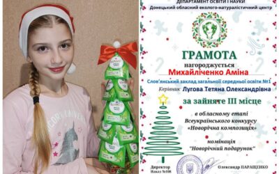 Вітаємо Михайличенко Аміну з новим творчим досягненням –  ІІІ місце в обласному етапі Всеукраїнського конкурсу  Новорічна композиція. Номінація “Новорічний подарунок”.